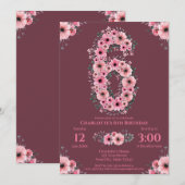 Invitation 6ème Grosse Fille Anniversaire Fleurs roses Lieux  (Devant / Derrière)