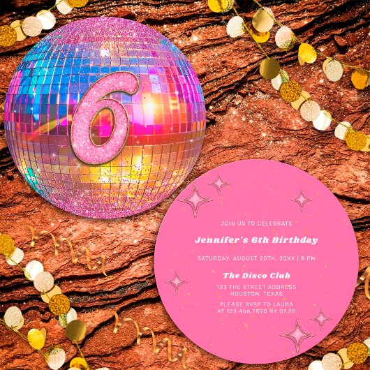 Invitation 6th Birthday Party Gold Pink Glitter Disco Ball