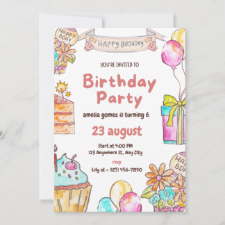 Invitation 6th BirthdayPink Watercolor for Girls