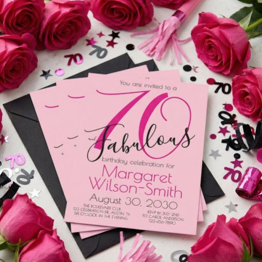 Invitation 70 and Fabulous Blush Pink Black 70th Birthday