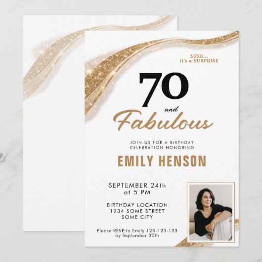 Invitation 70 and Fabulous Gold 70th Birthday (Devant / Derrière)