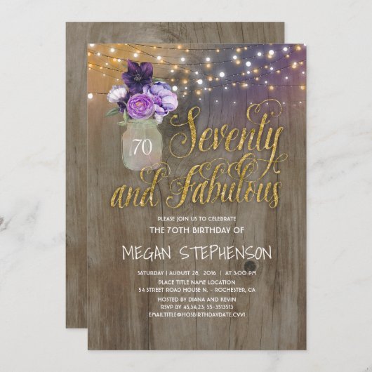 Invitation 70 Anniversaire Rustique - Fleurs violettes Mason (Devant / Derrière)
