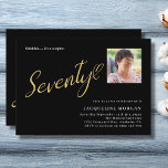 Invitation 70 ans Black Gold 70th Birthday Photo<br><div class="desc">Célébrez un jalon : Surprise 70th Birthday Party Invitation Faites une grande déclaration avec notre élégante Surprise 70th Birthday Party Invitation, conçu pour impressionner et enchanter! Cet invitation sophistiqué présente un arrière - plan noir intemporel orné d'un luxueux script doré, créant un parfait mélange de classique et de chic. Le...</div>