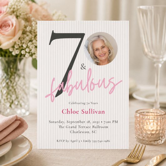 Invitation 70 ans et Fabuleux Rose Script Photo Anniversaire