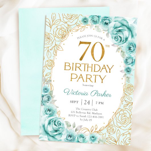 Invitation 70 ans Turquoise Or Floral