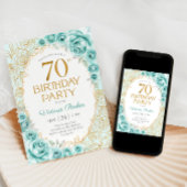 Invitation 70 ans Turquoise Or Floral