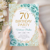 Invitation 70 ans Turquoise Or Floral