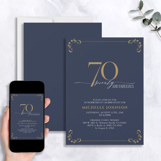 Invitation 70 & Fabuleux Blue & Gold Calligraphy Anniversaire