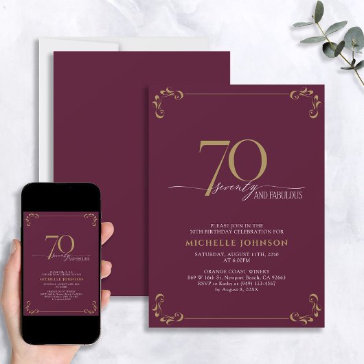Invitation 70 & Fabuleux Burgundy Blanc & Or Anniversaire