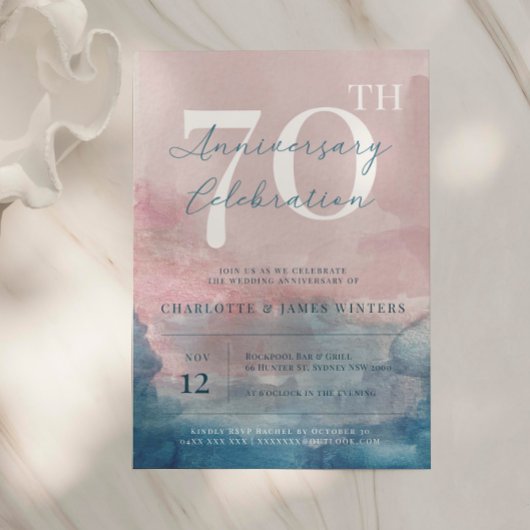 Invitation 70e anniversaire aquarelle rose et bleu