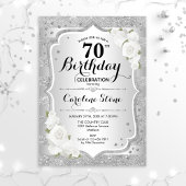 Invitation 70e anniversaire - Argent rayures Roses blanches