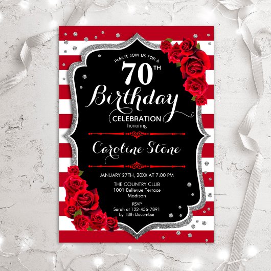 Invitation 70e anniversaire - Argent rouge Noir W rayures Ros