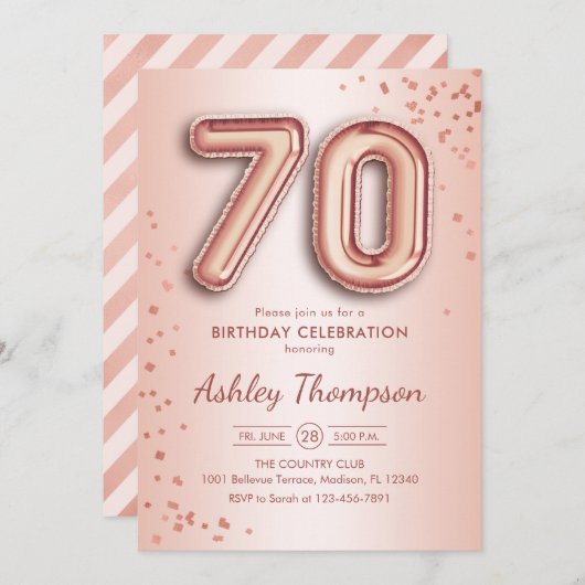 Invitation 70e anniversaire - Ballons d'or Rose (Devant / Derrière)