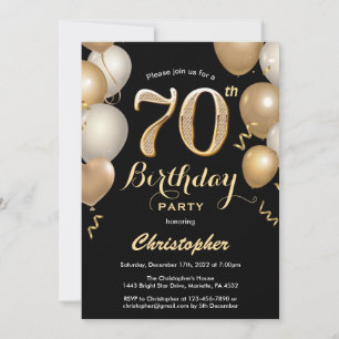 Invitation 70e anniversaire Ballons Noir et Or Confetti