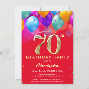 Invitation 70e anniversaire Ballons rouges et dorés