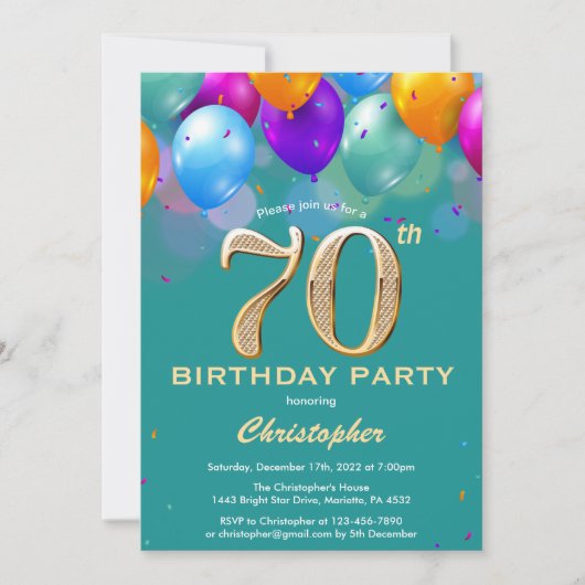Invitation 70e anniversaire Ballons Turquoises et dorés (Devant)