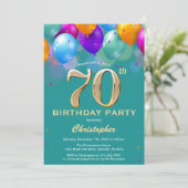 Invitation 70e anniversaire Ballons Turquoises et dorés (Debout devant)