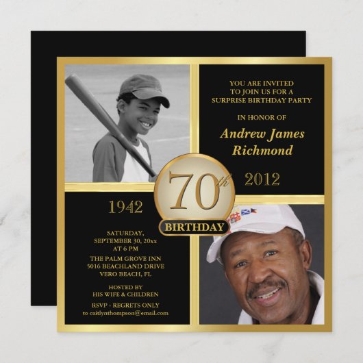 Invitation 70e anniversaire Black & Gold Alors-Maintenant 2 p (Devant / Derrière)