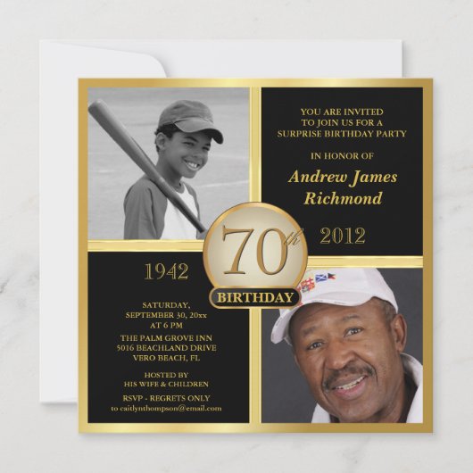 Invitation 70e anniversaire Black & Gold Alors-Maintenant 2 p (Devant)