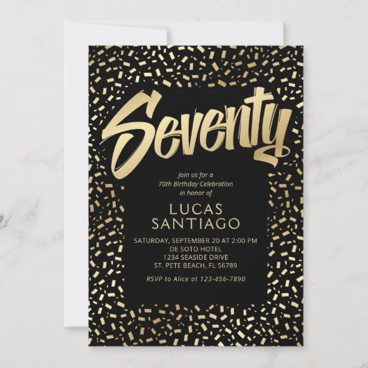 Invitation 70e anniversaire Black Gold Confetti (Devant)