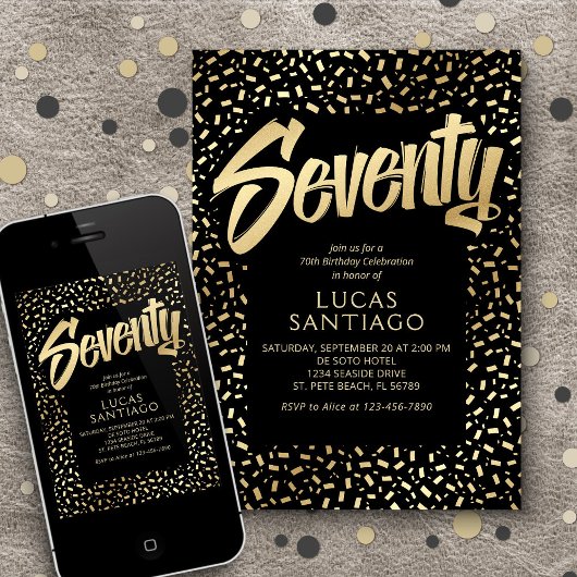 Invitation 70e anniversaire Black Gold Confetti