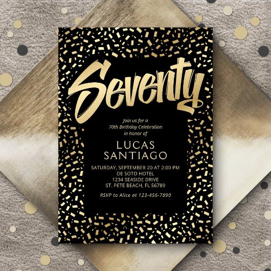 Invitation 70e anniversaire Black Gold Confetti