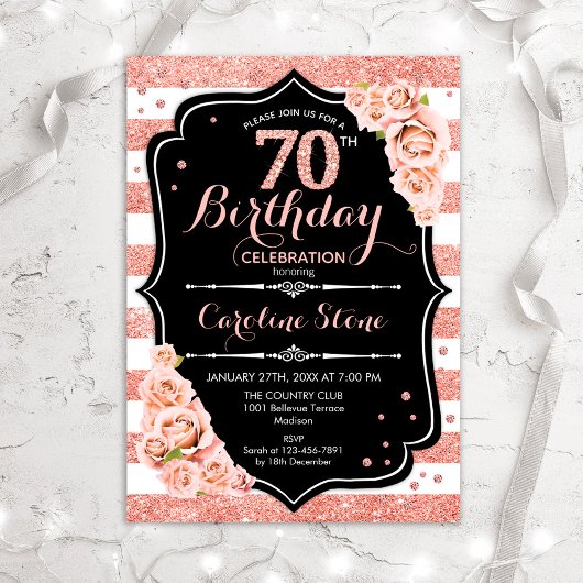 Invitation 70e anniversaire Black Rose Gold et White Stripes
