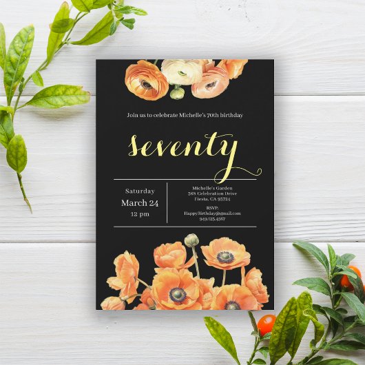 Invitation 70e anniversaire Black Script Orange Floral Party