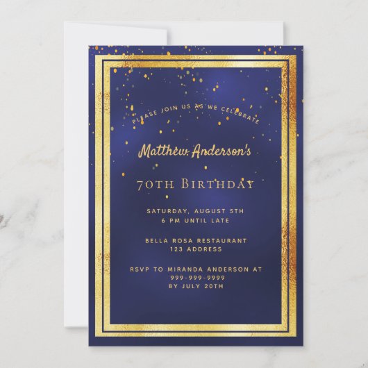 Invitation 70e anniversaire bleu confetti arroser (Devant)