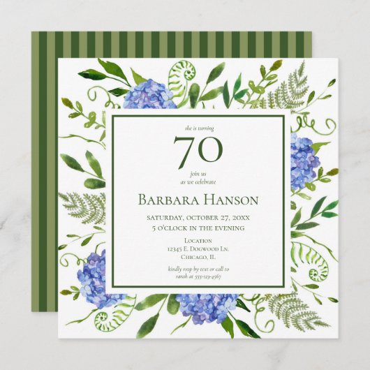 Invitation 70e anniversaire Blue Hydrangeas (Devant / Derrière)