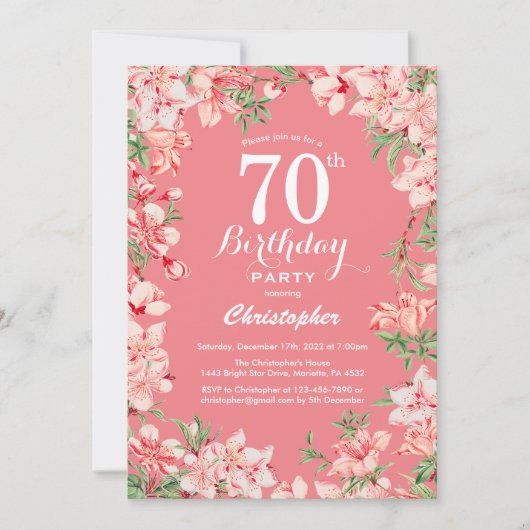 Invitation 70e anniversaire Boho rose fleurs botaniques flora (Devant)