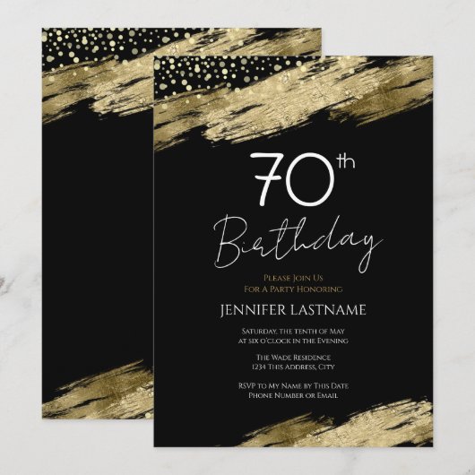 Invitation 70e Anniversaire Budget de la fête Gold Black Invi (Devant / Derrière)