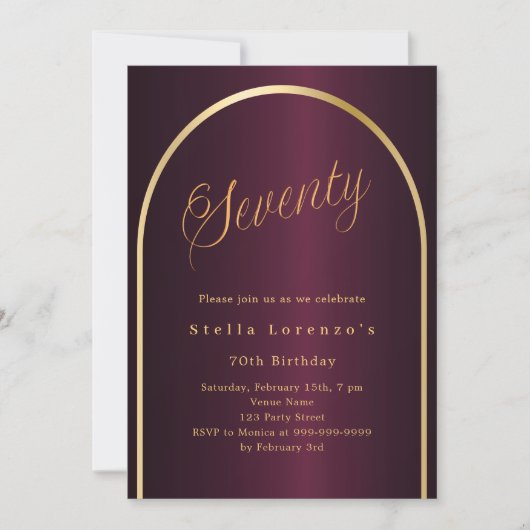 Invitation 70e anniversaire burgundy or arch script élégant (Devant)