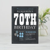 Invitation 70e anniversaire Chalkboard Blue Balloon Rustic Ch (Debout devant)