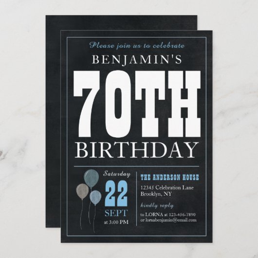 Invitation 70e anniversaire Chalkboard Blue Balloon Rustic Ch (Devant / Derrière)