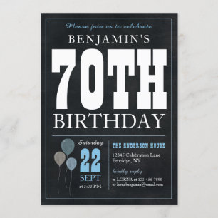 Invitation 70e anniversaire Chalkboard Blue Balloon Rustic Ch