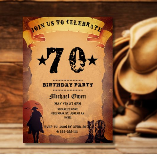 Invitation 70e anniversaire cowboy vieux papier cheval cheval