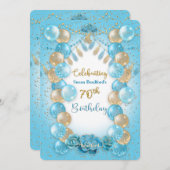 Invitation 70e anniversaire Dames Blue Gold Balloons Design (Devant / Derrière)
