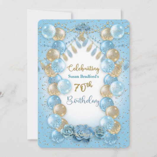 Invitation 70e anniversaire Dames Blue Gold Balloons Design (Devant)