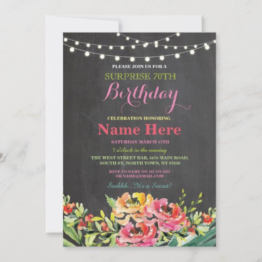 Invitation 70e anniversaire de fête Chalkboard Floral rose In (Devant)