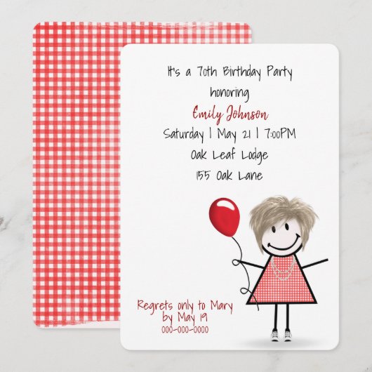 Invitation 70e anniversaire de fête fille avec ballon rouge (Devant / Derrière)