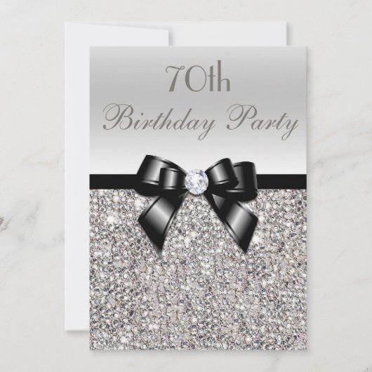 Invitation 70e anniversaire de fête Silver Sequins Black Bow (Devant)