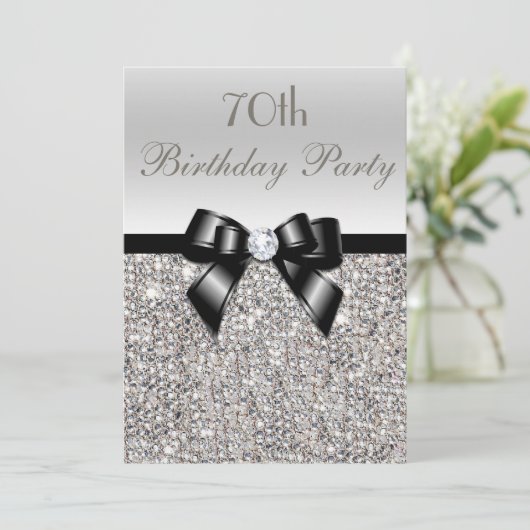 Invitation 70e anniversaire de fête Silver Sequins Black Bow (Debout devant)