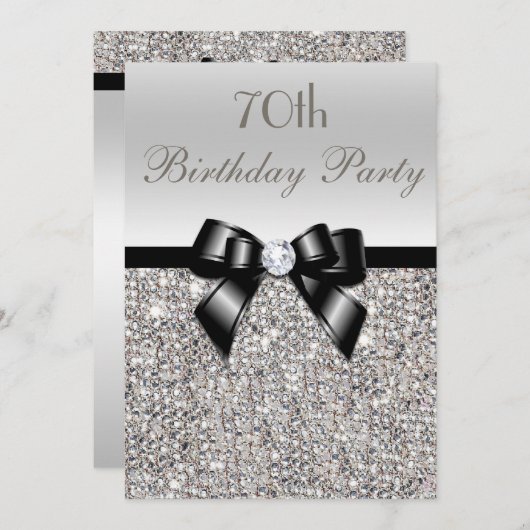 Invitation 70e anniversaire de fête Silver Sequins Black Bow (Devant / Derrière)