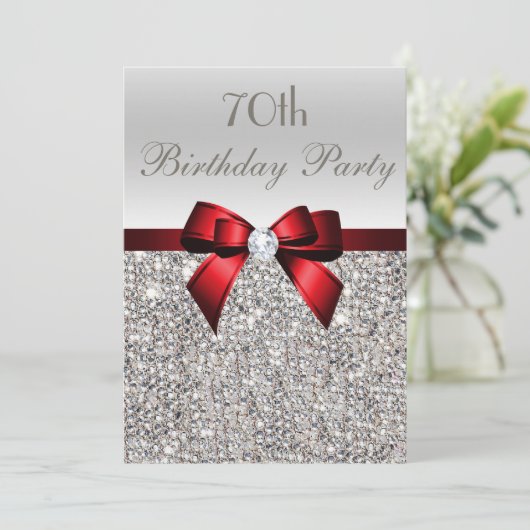 Invitation 70e anniversaire de fête Silver Sequins Red Bow (Debout devant)