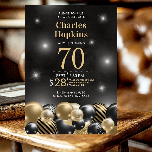 Invitation 70e anniversaire de la fête Black Gold Ballons Pho