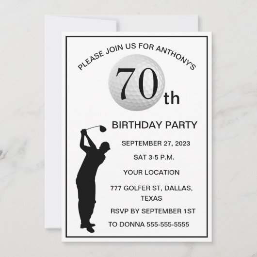 Invitation 70e anniversaire de la fête Golfer Black Par Papa  (Devant)
