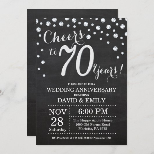 Invitation 70e Anniversaire de Mariage Ardoise Noir Argent (Devant / Derrière)