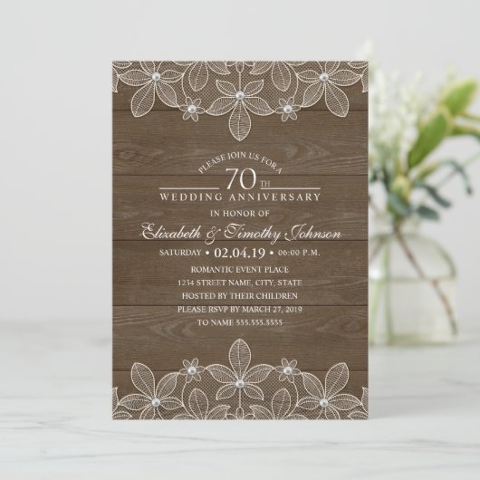 Invitation 70e anniversaire de Mariage Dentelle rustique en b (Debout devant)