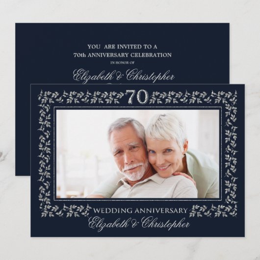Invitation 70e anniversaire de mariage photo bleu marine arge (Devant / Derrière)